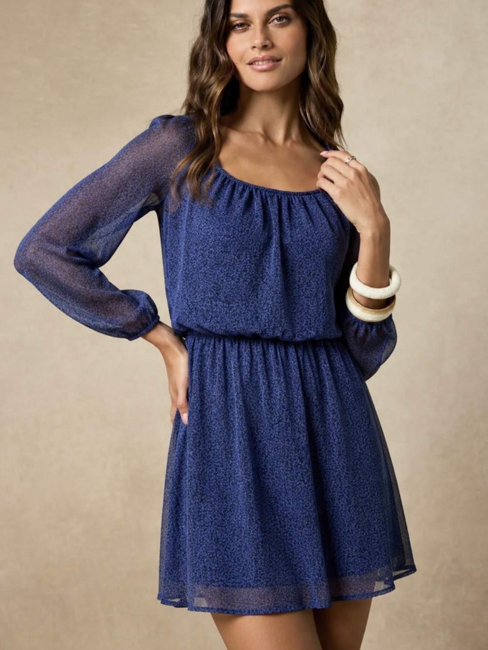 Mimi Chica Blue Blouson Long Sleeve Mini Dress M Boho Peasant